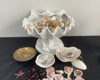 Seashell Display Bowl With Coral Starfish Sand Dollars And Shells Glass Starfish Brass Bowl