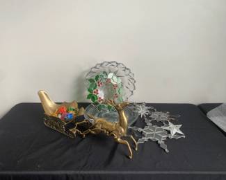 Solid Brass Reindeer And Sled Icicle Wall Art Serving Plates