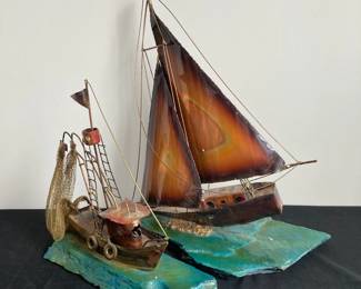 Metal Sail And Fishing Boat Sculptures