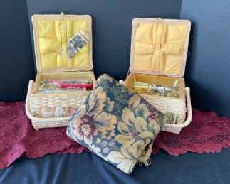 Vintage Sewing Baskets Full Of Notions Piece Of Heavy Fabric