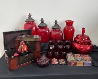 Red Themed Decor Including Unopened Jeweled Boxes