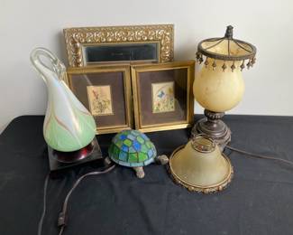 Vintage Stained Glass Turtle Lamp Glass Swan And Beaded Lamps Butterfly Wall Art And Mirror