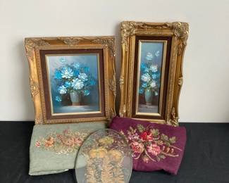 Robert Cox Blue Flower Paintings Pressed Flower Wall Art Needlepoint Flowers