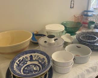 Blue and white bowls and serving pieces 