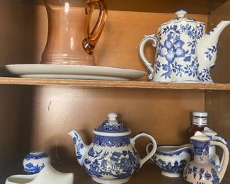 Blue and white teapot and pitcher