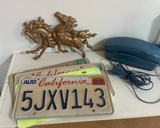 License plates, vintage telephone 