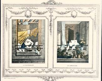 LOT 133 Register: www.woodardlipe.com TWO FRENCH IMAGES, LA SAVONNEUSE AND LA JARDINIERE Sight height 9.25in, width 11 in, Framed height 15 in, width 16.5 in. Iconic French images of women at work in the 19th century. Moret s.c. in the bottom right corner.