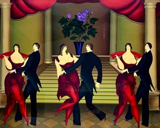 LOT 136 Register: www.woodardlipe.com IGOR GALANIN (RUSSIAN B. 1937-2024) TANGO DANCERS. SCREENPRINT. ED. 59/175 C. 1985 "Frame width 49 in., height 40 in., sight width 41 in., height 31., Stated in the New York Times-Galanin deals with one idea at a time;
he allows his figures plenty of space in which to breathe. The light is everywhere cool and even, and his notions of nature and architecture are entirely consoling. He combined elements of cubism and surrealism with the influence of Chagall, Ernst and Lindner. Tango Dancers is a study in androgyny, dancers lack facial differentiation, suggesting the underground and secretive Le Monocle, 1930s French Nightclub."