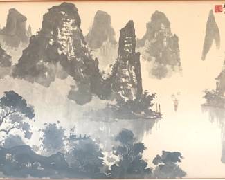 LOT 150 Register: www.woodardlipe.com CHINESE LANDSCAPE PAINTING IN TRADITIONAL INK AND WASH Sight height 8.75 in, width 19.5 in. Framed height 13.5 in, 24.5 in, Chinese landscape shanshui ink wash painting, depicting mountains, water, boats and birds. Marked in the bottom left side and upper right corner.