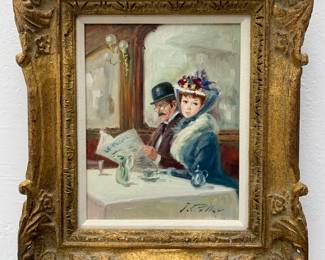 LOT 112 Register: www.woodardlipe.com J. COLLAR (SPANISH B. 1941) OIL PAINTING ON CANVAS OF COUPLE AT TEA IN RESTAURANT Sight height 9 in, width 7 in, Framed height 15 in, width 13 in. Oil on canvas of woman and man in cafe is typical of J. Collars French Impressionist style with a focus on figures in everyday life.