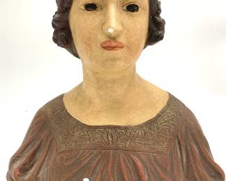 LOT 109 Register: www.woodardlipe.com VINTAGE CERAMIC PAINTED BUST OF ROMANESQUE WOMAN Length 16 in, width 7.5 in, height 16.5 in. Heavy ceramic bust of woman's head and upper torso.