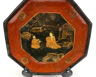 LOT 163 Register: www.woodardlipe.com GILT LACQUER DISH, QING DYNASTY, 1644-1911 Diameter 12.5 in, Elmwood octagon dish bounded by brass strings and handpainted with ancient Chinese artwork in gold leaf with original lacquer. Origin from Chaozhou, China, Qing Dynasty, A.D. 1644-1911. Certificate of Antiquity included.
