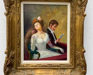 LOT 113 Register: www.woodardlipe.com J. COLLAR (SPANISH B. 1941) OIL PAINTING ON CANVAS OF COUPLE AT THE OPERA Sight height 9.25 in, width 7.25 in, Framed height 15 in, width 13 in. Oil on canvas of woman and man at the opera is typical of J. Collars French Impressionist style, focusing on figures in everyday life.