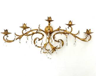 LOT 92 Register: www.woodardlipe.com ANTIQUE ITALIAN TOLE AND GILT 5 CANDLE WALL SCONCE WITH CRYSTALS Length 27.5 in, width 11.5 in. Antique five candle wall sconce with crystals is finished in gold with attached hanger on the back.