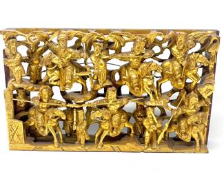 LOT 37 Register: www.woodardlipe.com CARVED TEMPLE PANEL: WARRIORS ON HORSEBACK IN BATTLE Width 13.5 in., height 8 in., depth 2 in., The panels are handcrafted and structured with wooden pegs and tenons, a traditional Chinese furniture making technique.These elaborately carved golden panels are artwork originally used to decorate a Buddhist temple. These panels are often made from teak wood and gilded.