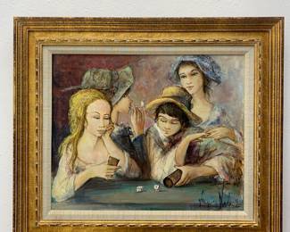 LOT 116 Register: www.woodardlipe.com JACQUES LALANDE (1921-2003) OIL ON CANVAS DEPICTING DICE GAME Sight height 17.25 in, width 21.25 in, Framed height 24.75 in, width 28.75 in. Jacques Lalande canvases were chosen for the group exhibitions in Lyon in 1950 at the Galerie Contraste and in Toulouse in 1954 at the Galerie Charpentier. Lalande paintings have been exhibited in many American galleries and form parts of important collections in Europe and the United States. This piece depicts a group of French children playing a dice game and is signed by the artist in the lower right corner and is dated 1972.