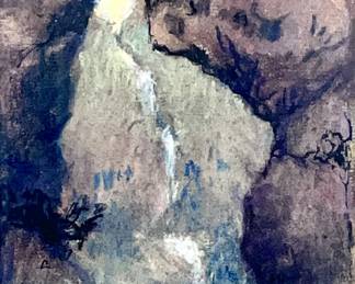 LOT 84 Register: www.woodardlipe.com ANONYMOUS PASTEL LANDSCAPE Sight height 6 in, width 6.25 in, Framed height 19.5 in, width 9.25 in. Colorful Pastel on board depicting abstract waterfall into canyon.