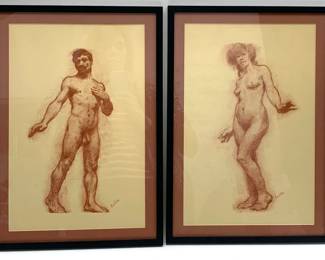 LOT 83 Register: www.woodardlipe.com GUSTAV FREDERICK GOETSCH (UNITED STATES 1877-1969) MAN AND WOMAN CHALK ON PAPER, PAIR Height 16 in., width 10.25 in; Site height 18.75 in, width 13.25 in. Pair of nude sketches in chalk signed in lower right by the artist. Matted and framed. Original tag on the back of the piece indicates Female Model Nude and registration number DW9 0603 for the woman and Male Model-Nodez with registration number DW6-0606