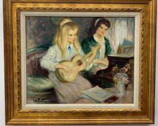 LOT 115 Register: www.woodardlipe.com PIERRE DUTEURTRE (FRENCH 1911-1989) OIL ON CANVAS OF YOUNG WOMEN WITH PIANO AND GUITAR Sight height 17.25 in, width 21.25 in, Frame height 25 in, width 29 in. Original oil painting of two young women playing the guitar and piano in French Impressionist style.