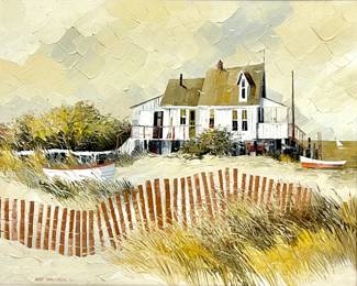 LOT 138 Register: www.woodardlipe.com ALBERT SWAYHOOVER (UNITED STATES 1931-2017) OIL ON CANVAS OF BEACH HOUSE Sight height 17.25 in, width 21.25 in, Frame height 25 in, width 29 in, For 40 years, Albert Swayhoover created paintings intended to capture the total experience of nature with a focus on achieving superb technique and unique textural imagery. Swayhoover used the painting knife and strove for a beautifully structured composition with subtle shifts of color and modulating of impastos to create an immediate environmental experience on canvas. This painting is signed by the artist in the lower left corner and dated 1977.