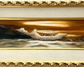 LOT 117 Register: www.woodardlipe.com BEEBE HOPPER (UNITED STATES 1926-2014) OIL ON BOARD OF OCEAN WAVE Sight height 4.75 in, width 14.5 inn, Framed height 10.75, width 20.5 in. Dorothy Clydene Beebe Hopper was a professional artist in many fields of art including watercolor & etchings, receiving recognition at both state & national levels. This piece depicts a large breaking wave at sunset.