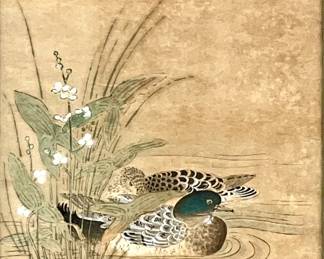 LOT 154 Register: www.woodardlipe.com PAIR JAPANESE DUCKS PRINT/ PAINTING ON RICE PAPER, 19TH CENTURY Frame height 15 in., width 12.5 in.; sight height 8.5 in., width 6.25 in, Two framed waterfowl prints on handmade rice paper. Signed with chop at bottom left of each print. Colored elements appear to be hand painted. Condition: some discoloration due to age and wear from sun.