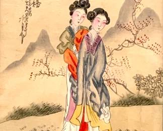LOT 148 Register: www.woodardlipe.com PAIR, CHINESE WATERCOLORS ON SILK, MAN AND BOY FISHING AND TWO WOMEN Sight height 8.5 in, width 6.25 in, Framed height 13.5 in, width 11 in. Chinese watercolor painting on silk of man and boy fishing on the bank of a river in front of a mountain range is framed in green silk matting and gilded wood frame. Framed in Tokyo. The second watercolor depicts two young women and is also matted in green silk and framed in Tokyo.