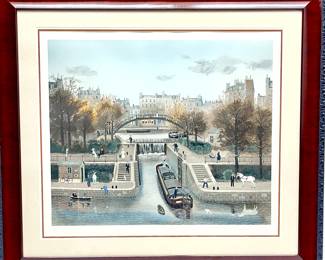LOT 134 Register: www.woodardlipe.com MICHEL DELACROIX ( FRENCH B. 1933) CANAL ST. MARTIN EN AUTOMNE. ED Frame width 42 in., height 37 in., sight width 30.5 in., height 26 in., Michel Delacroix is a well known and easily recognizable artist who works primarily in a primitive style. His subjects include street scenes of Paris and other settings in the French countryside, primarily during the Nazi occupation, which he experienced as a child. Delacroixs work combines structure and detail with rich color to convey the bustling, diverse activity of Paris and the quaint majesty of the French Chateaux. Canal St. Martin en Automne depicts the famous canal in Paris, France in autumn. The city is bustling with activity with a barge coming into the canal and many Parisian workers and people going about their daily lives on the banks of the Seine River. In the background is the charming city with trees turning color as the season changes.
