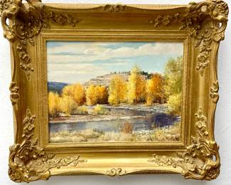 LOT 111 Register: www.woodardlipe.com J. PROCHAZKA (CZECH 1909-1984) ORIGINAL OIL ON CANVAS OF AUTUMN RIVER SCENE Sight height 11.25 in, width 15.5 in. Framed height 19.25 in, width 23.25 in. Prochazka focused on realistic landscape painting and was known for his attention to detail and subtle color. Prochazka could capture the atmosphere of a specific place and moment. This original oil painting features an autumn river scene in a hilly vale and a figure on the river. The artist's signature is in the lower right-hand corner.