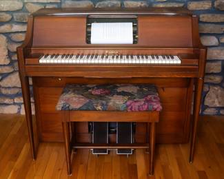 Pianola by the Aeolian Company. Measures 49 1/2 inches wide 26 inches deep and 39 inches tall.  Approximately 100 Pianola music scrolls for sale. History: The first practical pneumatic piano player, manufactured by the Aeolian Company and called the "Pianola",[3] was invented in 1896 by Edwin S. Votey, and came into widespread use in the 20th century. The name "pianola", sometimes used as a generic name for any player piano, came from this invention. The mechanism of this player piano was all-pneumatic: foot-operated bellows provided a vacuum to operate a pneumatic motor and drive the take-up spool, while each small inrush of air through a hole in the paper roll was amplified in two stages to sufficient strength to strike a note.