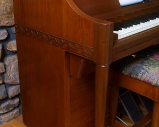 Pianola by the Aeolian Company. Measures 49 1/2 inches wide 26 inches deep and 39 inches tall.  Approximately 100 Pianola music scrolls for sale. History: The first practical pneumatic piano player, manufactured by the Aeolian Company and called the "Pianola",[3] was invented in 1896 by Edwin S. Votey, and came into widespread use in the 20th century. The name "pianola", sometimes used as a generic name for any player piano, came from this invention. The mechanism of this player piano was all-pneumatic: foot-operated bellows provided a vacuum to operate a pneumatic motor and drive the take-up spool, while each small inrush of air through a hole in the paper roll was amplified in two stages to sufficient strength to strike a note.