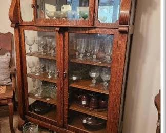 Antique, Probably American Empire Oak Curved-top Bowfront Glass Cabinet Hutch