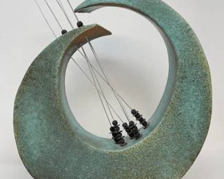 175 AquaBlackStonewareStatuewithWireandBeads