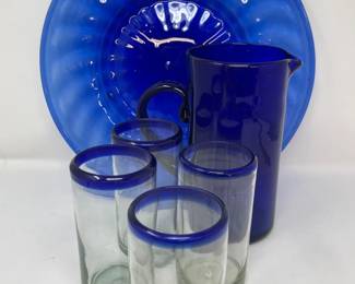 226 6PieceBlueBlownGlassPitcherPlatterandGlasses