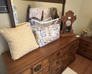 pillows, furniture, dresser, clock