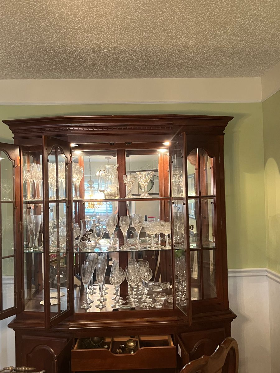 Beautiful China Cabinet - loaded with Mikasa Flame D'Amore Crystal