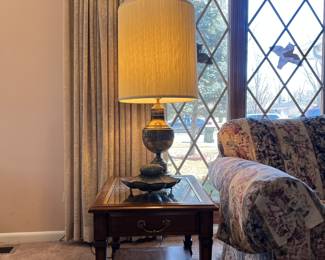 Vintage Wood End Table with Caning Inset and Glass Top (2)                                                                                                                                  Vintage Brass Table Lamp (2)                                                    