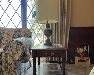 Vintage Wood End Table with Caning Inset and Glass Top  (2)                                                                                                                                              Vintage Brass Table Lamp (2)