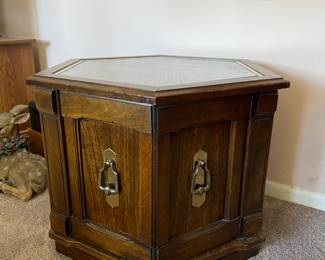 Vintage Wood Pentagonal Shape Side Table Cabinet with Caning Inset and Glass Top (Matching Coffee Table and 2 End Tables Available)