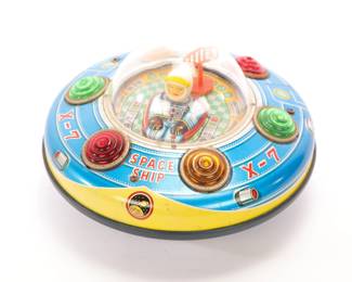 X-7 vintage tin lithograph space ship toy
