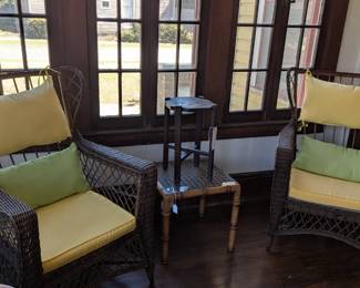 Heywood - Wakefield wicker chairs, bamboo table, craftsman style stool/plant stand
