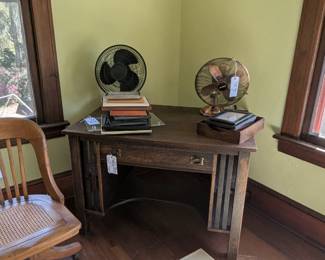 Vintage table fans, Craftsman style desk and chair