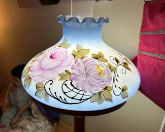 Hurricane Style Electric Table Lamp with Pink Floral Painted Design
