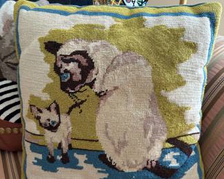 Siamese Cat & Kitten Needlepoint Throw Pillow