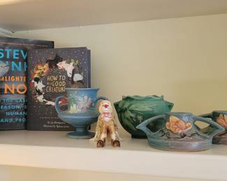 Mt. St. Helen’s Volcanic Ash Whale Sculpture, Roseville Pottery Bleeding Heart Green Jardiniere – #6513, Roseville Blue Cosmos Vase, Pair of Roseville Magnolia Blue Candle Holders – #1156