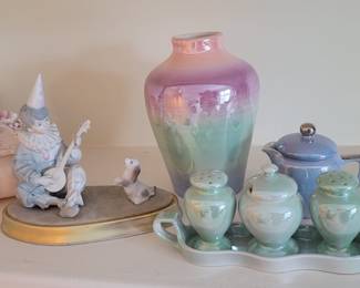 Green Lusterware Salt & Pepper Shakers, Condiment Pot with Tray, Blue Lusterware Teapot, Pink, Green, Purple Lusterware Vase