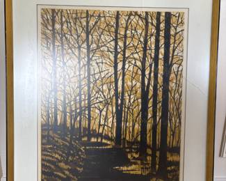 Framed & Matted Woodcut Print "Forest Path" by Joe Ardourel