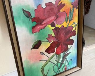 Framed Red Floral Painting by Marjona Lee