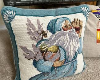 Blue/White Santa Claus Needlepoint Throw Pillow