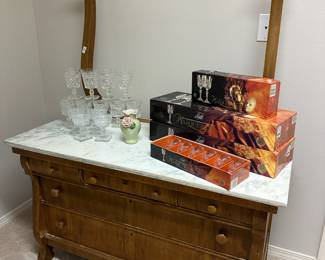 Cristal d'Arques Masquerade Wine Glasses & Liquor Glasses, Empire Style Dresser with White Marble Top